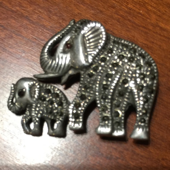 925 Real silver brooch pin back cute elephants mom & baby with shiny rhinestones - Picture 2 of 3